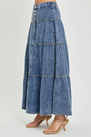 dark wash denim maxi skirt, a line, tiered, 100% cotton