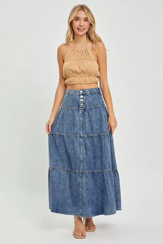 dark wash denim maxi skirt, a line, tiered, 100% cotton shown on model