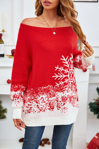 elegant holiday sweater, red and white, off shoulder