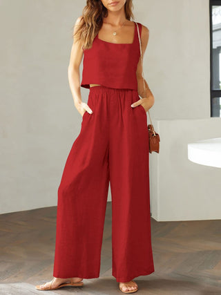 100% Cotton Square Neck Top and Wide Leg Pants Set