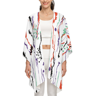 white kimono with colorful squiggles by Lavada, recycled, lightweight cover up