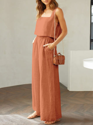 100% Cotton Square Neck Top and Wide Leg Pants Set