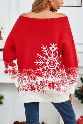 rear view of elegant holiday sweater, red and white, off shoulder