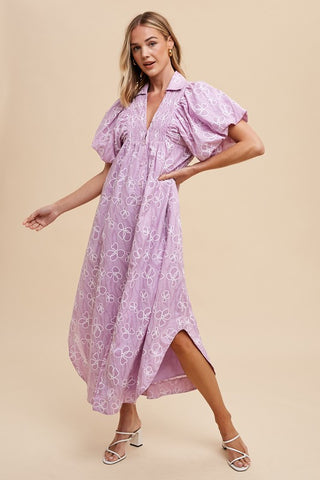 purple puff sleeve midi dress Valerissa Bold abstract statement Puff sleeve midi dress