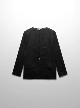 Black Linen Blazer, gold button closure, pockets, 100% linen