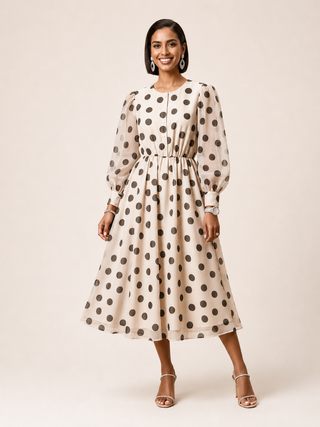 Woman wearing a gray and white polka dot dress on a plain background
