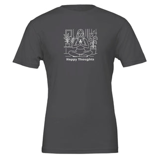 gray tshirt that displays line art of woman in seated yoga pose with the words Happy Thoughts underneath. Eco friendly, 100% Airlume cotton