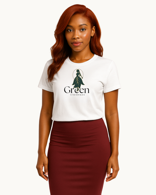model wearing white eco friendly tshirt with graphic that reads 'Green is the New Black'