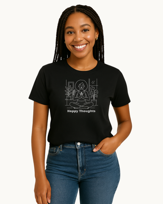 Model wearing black tshirt with line art depicting woman in seated yoga pose and the words Happy Thoughts underneath, 100% cotton, eco friendly tshirt