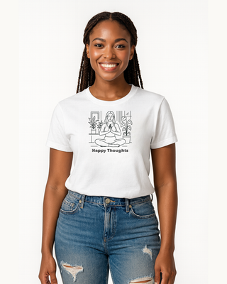 Model wearing white tshirt that displays line art of woman in seated yoga pose with the words Happy Thoughts underneath