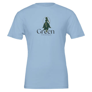 light blue eco friendly tshirt with graphic that reads 'Green is the New Black'