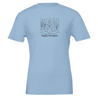 Light blue tshirt with line art depicting woman in seated yoga pose and the words Happy Thoughts underneath, 100% cotton, eco friendly tshirt