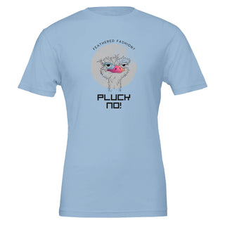 light blue pluck no feathers funny vegan tshirt