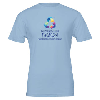 Light blue eco friendly t-shirt with an iridescent recycling symbol. The slogan is 'Just a girl who loves rainbows and recycling' 100% cotton