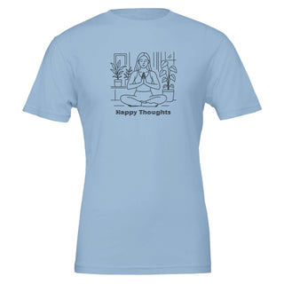 light blue tshirt that displays line art of woman in seated yoga pose with the words Happy Thoughts underneath. Eco friendly, 100% Airlume cotton