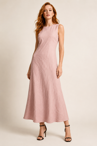 Woman wearing a blush (pink) sleeveless A-line dress against a plain background, 100% linen
