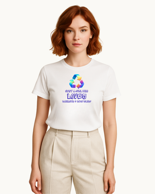 Female model wearing an eco friendly white t-shirt with an iridescent recycling symbol. The slogan is 'Just a girl who loves rainbows and recycling' 100% cotton