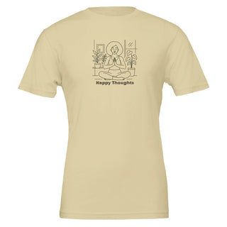 Natural tan tshirt with line art depicting woman in seated yoga pose and the words Happy Thoughts underneath, 100% cotton, eco friendly tshirt