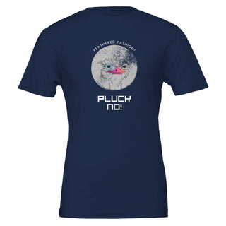 Navy graphic funny vegan t-shirt featuring an ostrich saying, "Feathered fashion? Pluck no!"
