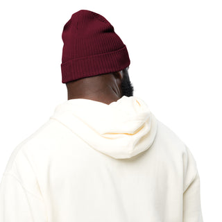 rear view of 100% organic cotton ribbed beanie by Lavada in burgandy