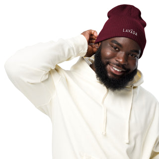 african american male model wearing l00% organic cotton ribbed beanie by Lavada in burgandy