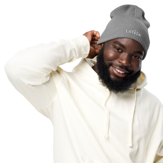 male model wearing 100% organic cotton ribbed beanie by Lavada in gray