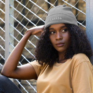 female model wearing 100% organic cotton ribbed beanie by Lavada in gray