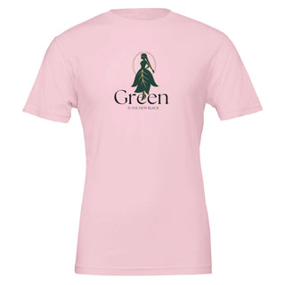 pink eco friendly tshirt with graphic that reads 'Green is the New Black'