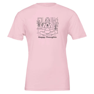 pink tshirt that displays line art of woman in seated yoga pose with the words Happy Thoughts underneath. Eco friendly, 100% Airlume cotton