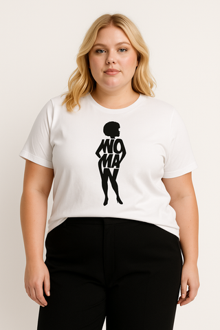 Person wearing a white t-shirt with a black graphic depicting a curvy female whose form spells out the word 'Woman' 