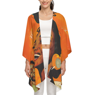 'Music Lover' kimono cover up by Lavada featuring beautiful Black woman listening to music on headphones, Vibrant orange, brown