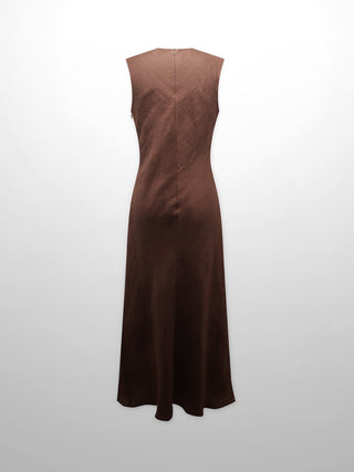 Brown, 100% Linen A-Line Slip Dress, rear view