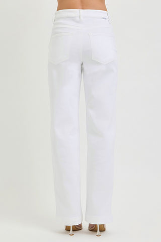 rear view of white relaxed fit jean pants with back pockets