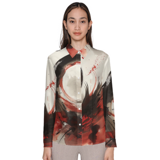 Red and Black Abstract Women's Sustainable Long Sleeve Button-Down Shirt
