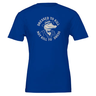 royal blue non cruelty tshirt that reads 'dresed to kill, not kill to dress', 100% cotton 