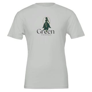 silver eco friendly tshirt with graphic that reads 'Green is the New Black'