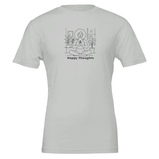 Silver tshirt with line art depicting woman in seated yoga pose and the words Happy Thoughts underneath, 100% cotton, eco friendly tshirt