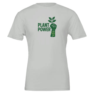 image of silver_plant_power_graphic_tshirt, raised fist, 100% cotton, sustainable