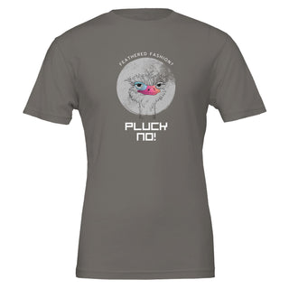 Silver graphic funny vegan t-shirt featuring an ostrich saying, "Feathered fashion? Pluck no!"