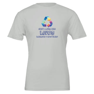 Silver eco friendly t-shirt with an iridescent recycling symbol. The slogan is 'Just a girl who loves rainbows and recycling' 100% cotton