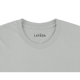 closeup view of neckline and label on silver organic cotton funny vegan tshirt