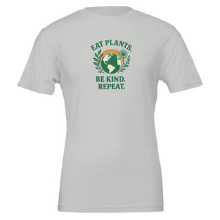 Silver graphic tshirt that reads "Eat plants, be kind, repeat." 100% cotton. Eco friendly