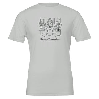 soft gray (silver) tshirt that displays line art of woman in seated yoga pose with the words Happy Thoughts underneath. Eco friendly, 100% Airlume cotton
