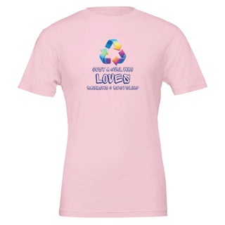 Soft pink eco friendly t-shirt with an iridescent recycling symbol. The slogan is 'Just a girl who loves rainbows and recycling' 100% cotton