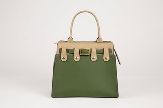 Lavāda's signature interchangeable vegan leather Handbag in tan with green cover, belt and strap (not pictured). All included.  