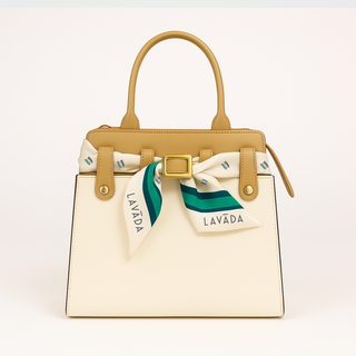 interchangeable tan cactus vegan leather handbag with white cover and matching 100% silk twilly scarf featuring the brand 'Laváda' on a white background