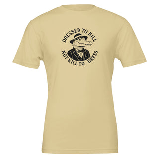 tan t-shirt with a graphic of an alligator in a suit and text saying 'dressed to kill, not kill to dress' 100% cotton, conscious fashion