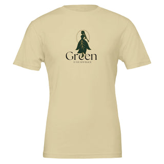 tan eco friendly tshirt with graphic that reads 'Green is the New Black'