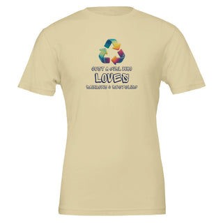 Tan eco friendly t-shirt with an iridescent recycling symbol. The slogan is 'Just a girl who loves rainbows and recycling' 100% cotton