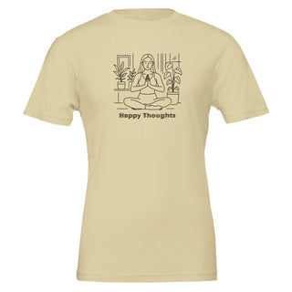 tan tshirt that displays line art of woman in seated yoga pose with the words Happy Thoughts underneath. Eco friendly, 100% Airlume cotton